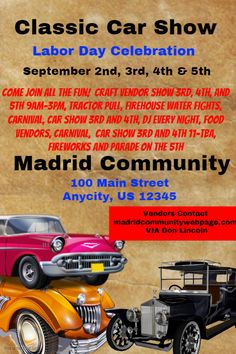 an old car show flyer with two classic cars