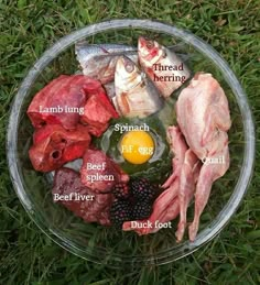 a plate with meats, eggs, and other foods in it on the grass