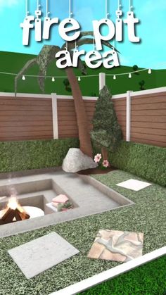 an outdoor fire pit area with grass, rocks and trees in the background that reads fire pit area