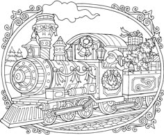 a black and white drawing of a train with christmas decorations on the front, surrounded by holly