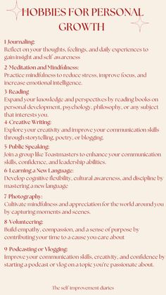 Looking to grow and become the best version of yourself? Discover these 9 fulfilling hobbies designed to boost your personal growth #personalgrowth #personal development #hobbiesideas Self Development Topics, Becoming A Better Version Of Yourself, How To Get Yourself Together, How To Grow As A Person, Hobbies For Mental Health, Becoming Best Version Of Yourself, How To Grow Intellectually, 5 Hobbies You Need, How To Develop Personality