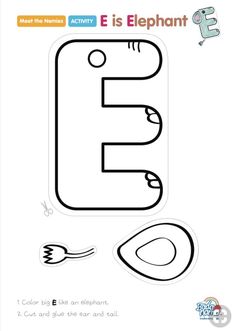 the letter e is for elephant coloring page with scissors and an egg on it's side