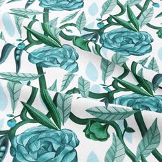 blue roses and leaves on white background