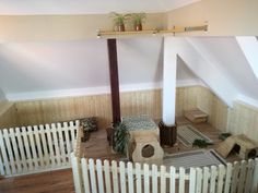 a room with wooden floors and white fenced in area next to the wall is a cat house