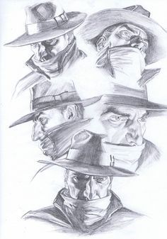 some drawings of men with hats on their heads and one man in the middle wearing a hat