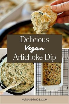 collage of three pics showing the vegan artichoke dip. Tofu Flavors, Vegan Artichoke Dip, Rp Strength, Vegan Artichoke, Vegan Spinach Artichoke Dip, Vegan Staples, Vegan Spinach, Cheesecake Dip, Vegan Dip