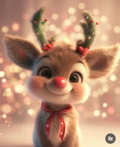 a cartoon reindeer with christmas decorations on its head and nose, standing in front of a blurry background