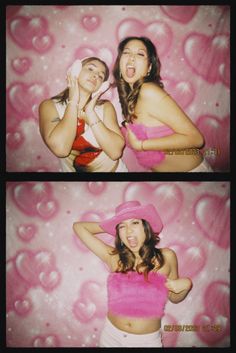 two girls in pink hats posing for the camera