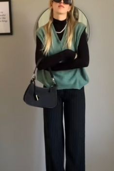 Teal Sweater Vest Outfit, Female Sweater Vest Outfits, Work Outfit Sweater Vest, Woollen Vest Outfit, Turtle Neck And Sweater Vest, Large Sweater Vest Outfit, Long Black Sweater Vest Outfit, Vest Outfits For Women 2023, Green Knit Vest Outfit