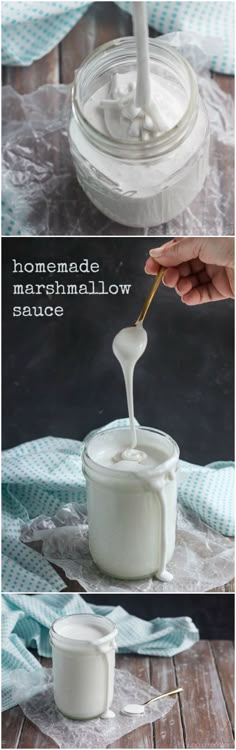 homemade marshmallow sauce is being poured into a jar