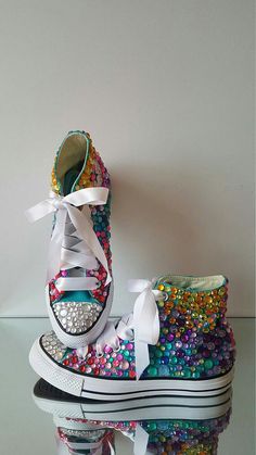 Diy Jeweled Shoes, Converse Party, Converse Rainbow, Bejeweled Shoes, Rainbow Converse, Decorative Shoes, Rhinestone Converse, Comfortable Bridal Shoes