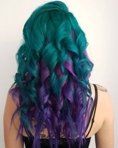 Loving these dark teal + purple curls by @hair_pavlova - try our Twilight Pack for a similar look! #lunartides #tealhair #purplehair Ombre Split Dye, Blue And Purple Hair Dye Ideas, Dreads Inspiration, Beautiful Hairstyles For Long Hair, Purple Curls, Purple And Green Hair, Christmas Hair Color Ideas, Christmas Hair Color