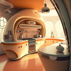 a futuristic kitchen with an oven, sink and countertop in the middle of it