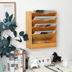 an office desk with books, magazines and other items on it's shelf next to a potted plant