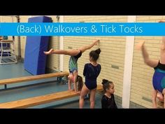 some girls are doing gymnastics tricks in a gym with the words back walkers and tick jocks