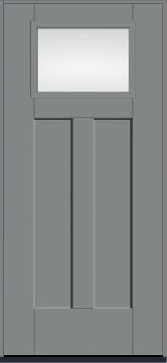 a gray door with glass on the side and bottom panel, in front of a white background