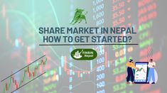 two people standing in front of an upward graph with the words share market in nepal how to get started?