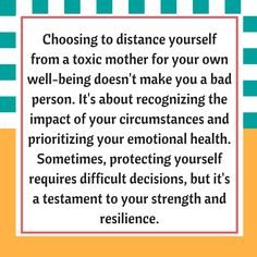 Choosing to distance yourself from a toxic mother for your own well-being doesn't make you a bad person. Bad Relationship With Mom, Toxic Mother Quotes, Bad Mothers, Toxic Mother, Distance Yourself, Osage County, Narcissistic Parent