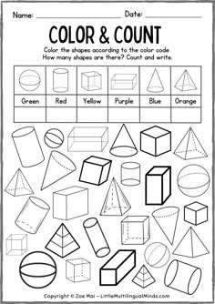 the color and count worksheet for children to practice their math skills, including geometric shapes