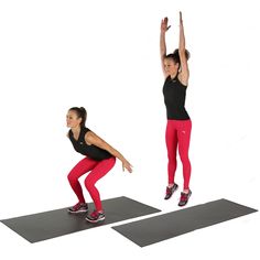 two women doing squats on mats in front of a white background, one with her arms up and the other without