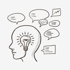 a drawing of a person's head with speech bubbles above it and a light bulb in the middle