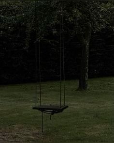 an empty swing set in the middle of a grassy area with trees and bushes behind it