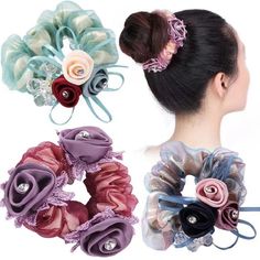 PRICES MAY VARY. Silk scrunchies docerated with flowers and crystals, very beautiful design and shape, you will get more attractions when you wear it. Not those cheap items, our scrunchies with high quality, high elasticity, and easy to wear. Perfect to thick hair. You can wear it for ponytail, or make it like a hairball, both are very pretty. Ideal for wedding party favors, make you more charming and graceful, also suitable for appointment, club, shows, shopping, travelling and daily use You wi Elegance Hair, Flower Scrunchie, Ponytail Updo, Bow Hairband, Making Flowers, Multi Colored Hair, Hair Elastic, Hair Accessories Gift, Hair Rings