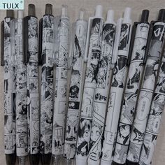 several pens are lined up next to each other with pictures on them and the words tux written in black ink