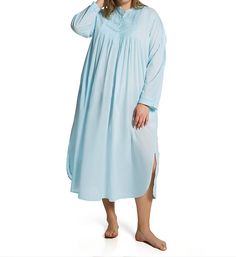 This long-sleeved nightgown is a bedtime classic with its pintuck details and crotchet-like insets at sleeves and bodice. Nightgown has narrow, banded collar. Long sleeves have pintucks at top center and cuffs, with crotchet insets. Partial button placket at front secures with 4 functional buttons. Bodice has pintuck detail and crotchet-like insets. On-seam pockets can hold small items, like your phone. Center back has rows of pleats with top-sewn band. Deep side slits allow you to move around w Long Sleeve Nightgown, Pajama Bottoms Womens, Cotton Nightgown, Sleeveless Gown, Long Sleeve Gown, Black Lace Bra, Lace Strapless, Nightgowns For Women, Sleeveless Bodysuit