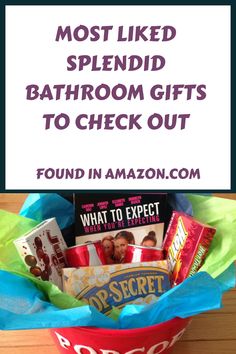 a red bucket filled with lots of different items and text that reads, most liked splendid bathroom gifts to check out