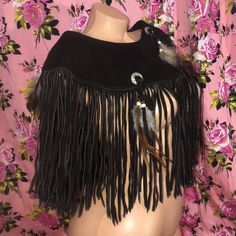 Native Indian Tribal New Without Tags Authentic Leather Fringe Shoulder Outfit Poncho One Size Made In Usa Genuine Leather Bohemian Black Cape For Festival, Black Bohemian Cape For Festivals, Black Shawl Cape For Festival, Traditional Fringe Poncho One Size, Brown One Size Poncho With Fringe, Shoulder Outfit, Brown Fringe One Size Poncho, Black Fringe Poncho Shawl, Black Fringe Shawl One Size