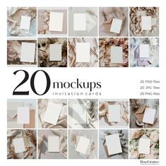 the cover of 20 mock up cards with flowers and leaves on them, all in different colors