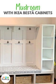 mudroom with ikea besta cabinets and baskets on the bottom shelf for storage