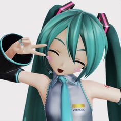 an animated girl with green hair and blue eyes holding her hand up to her ear