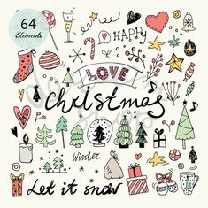 hand drawn christmas doodles and lettering on white background