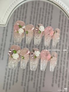 Pink Rose Nail Designs, Rave Nails, Unique Nail Art, February Nails, Cute Acrylic Nail Designs