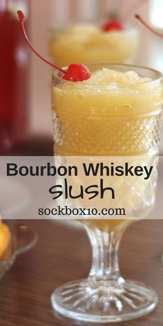 bourbon whiskey slush in a glass with a cherry on the top and text overlay that reads bourbon whiskey slush