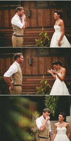 a man and woman standing next to each other in front of a wooden building with plants