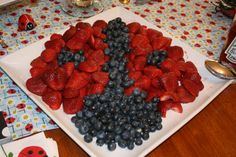 a white plate topped with blueberries and strawberries