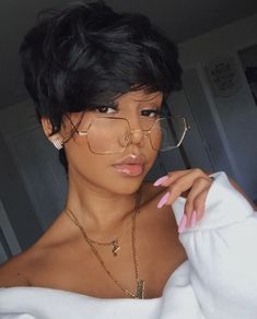 Pixie Haircut And Glasses, Lori Harvey Short Bob, Bob With Glasses Black Women, Teyana Taylor Short Haircut, Pixie Cut And Glasses, Black Women With Bangs And Glasses, Megan Good Short Hair, Relax Hairstyles, Beyonce Pixie Haircut