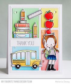 a handmade thank you card with an image of a school bus, apple and pencils