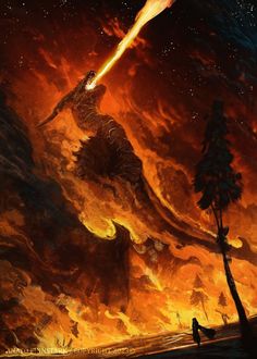 an image of a giant monster in the sky with fire coming out of it's mouth