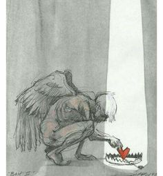 a drawing of an angel cutting into a cake with a heart on the plate next to it