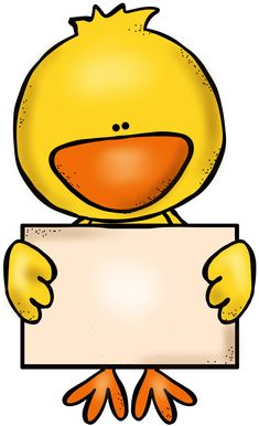 a yellow duck holding a white sign