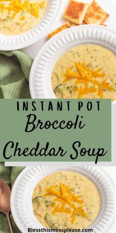 instant pot broccoli cheddar soup in two white bowls with spoons