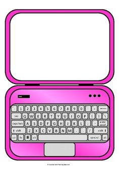 a pink laptop computer sitting on top of a white surface with a blank screen above the keyboard