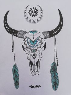 a drawing of a bull's skull with feathers on it