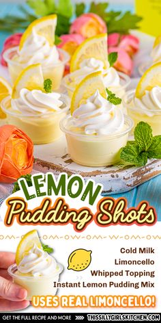 lemon pudding shots with whipped toppings on a plate