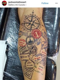 a person with a compass tattoo on their leg and the words below it are all written in different languages