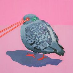 a painting of a pigeon on a pink background with red sticks sticking out of it's beak